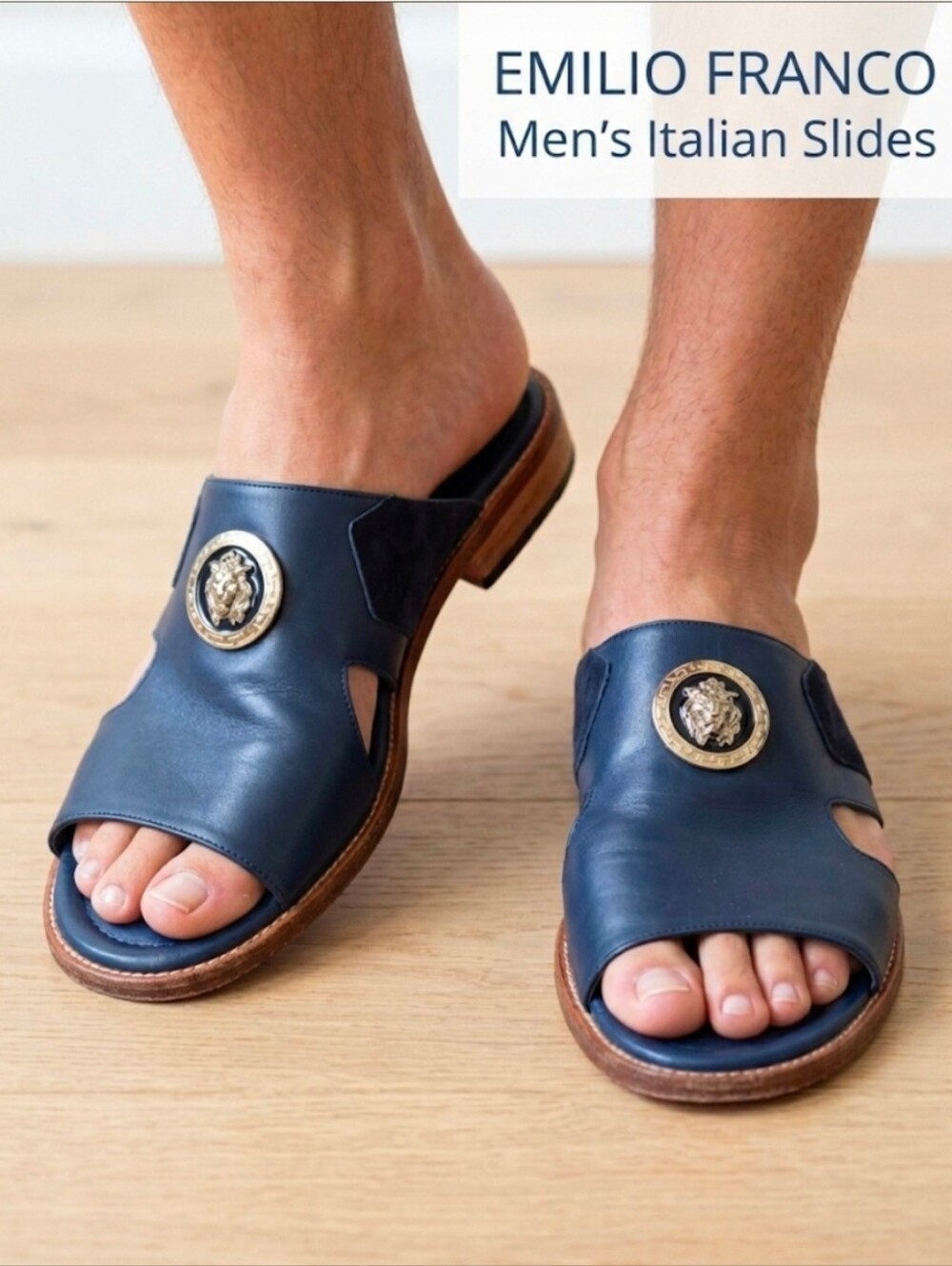 Rare & Unique Emilio Franco Italian Navy Leather Lion Medallion Mule Sandals